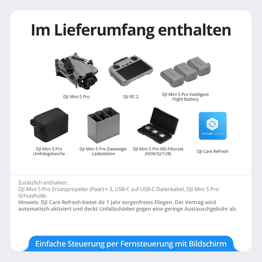 DJI Mini 5 Pro Fly More Combo Mit DJI RC 2 Und 1 Jahr Care C0-Zertifiziert 4K-Drohne Für Anfänger 1-Zoll CMOS Hinderniserkennung 225°-Gimbal-Rotation Grau