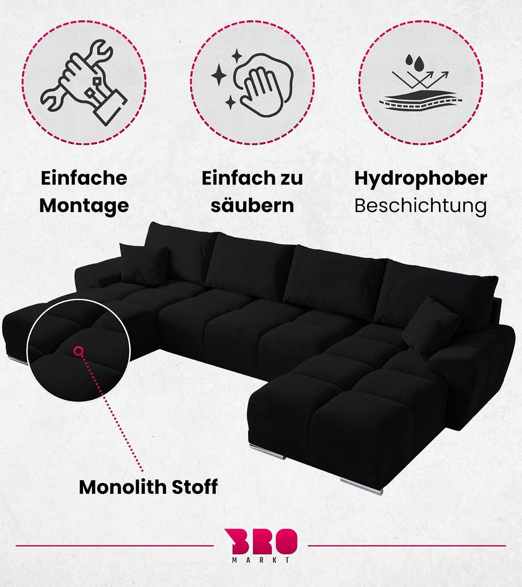 BROMARKT NUBES U Ecksofa mit Schlaffunktion und Bettkasten 372x184x85 cm Graphit