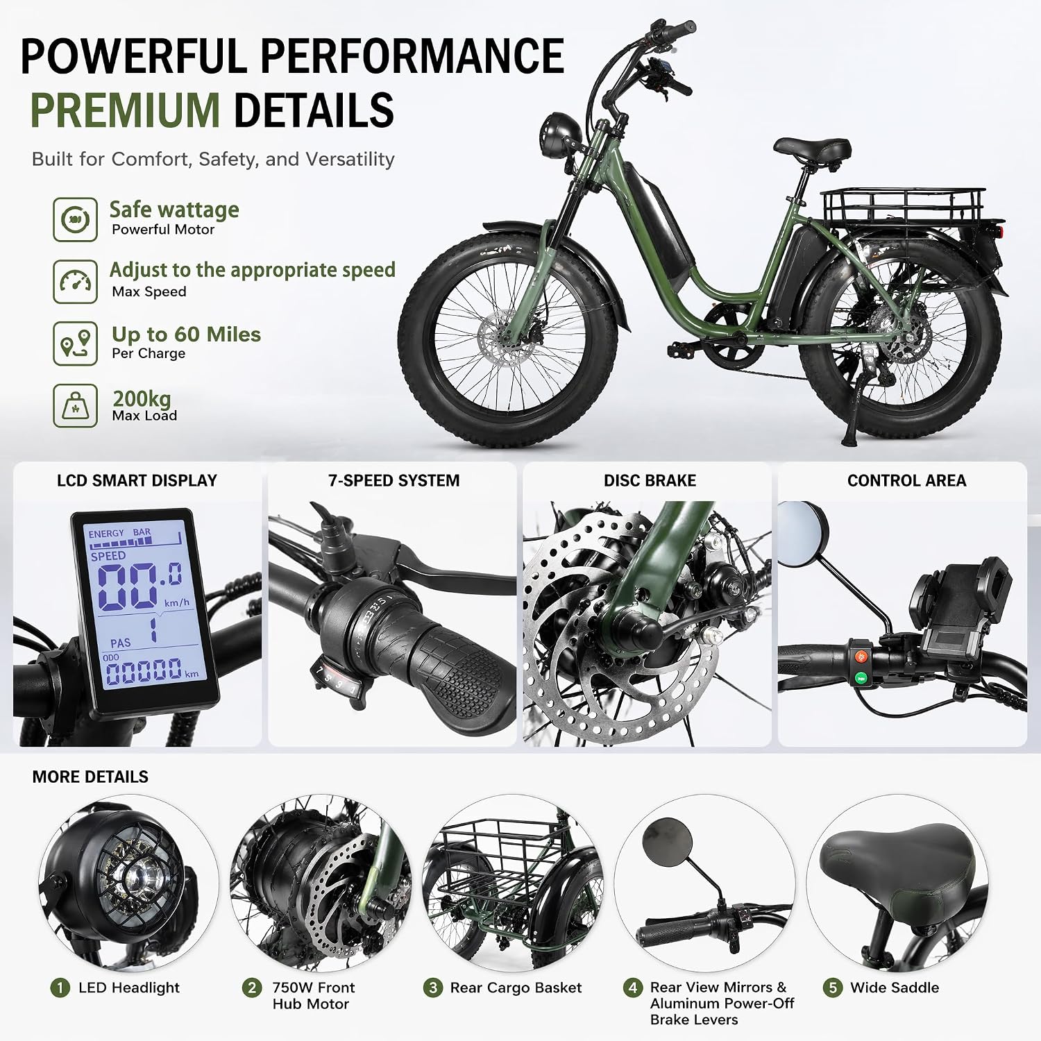 ZRLYbau Elektro Dreirad Für Erwachsene 24 Zoll 7 Gang Fat Tire E-Trike Mit Korb Grün