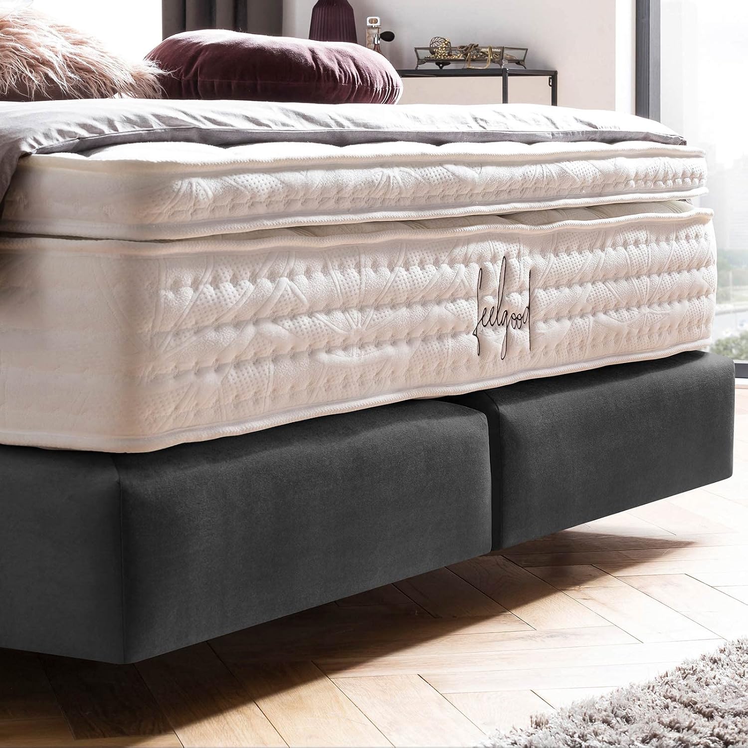 BettCo Boxspringbett London Samt Dunkelgrau 180x200 cm Ohne Topper 7-Zonen Taschenfederkern