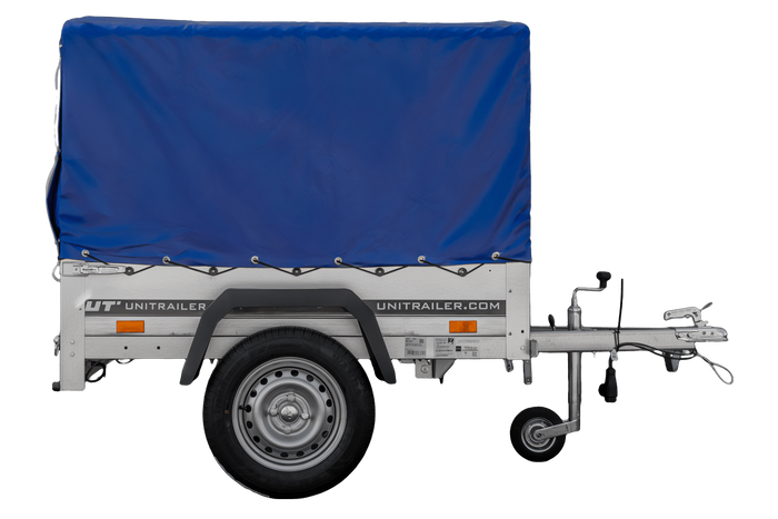 Anhänger 150 KIPP 150×106 cm [mit blauer Hochplane, Hochspriegel und Stützrad]-Neu