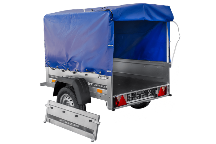 Anhänger 150 KIPP 150×106 cm [mit blauer Hochplane, Hochspriegel und Stützrad]-Neu