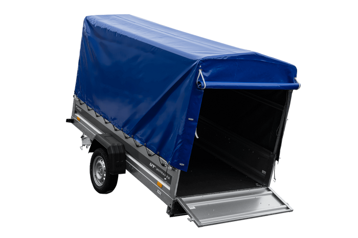 Anhänger 264×125 UNITRAILER FORCE 264 KIPP ungebremst mit H-1100 Spriegel und blauer Hochplane-Neu