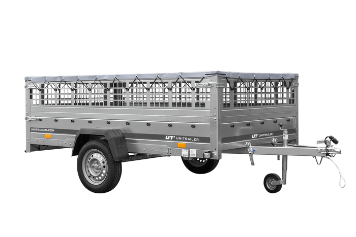 Anhänger 264×150 UNITRAILER GARDEN 265 KIPP mit Gitterwänden, H-0-Rahmen und grauer Plane-Neu