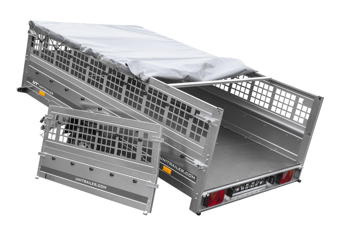 Anhänger 264×150 UNITRAILER GARDEN 265 KIPP mit Gitterwänden, H-0-Rahmen und grauer Plane-Neu