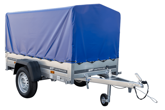 Anhänger Garden Trailer 200 KIPP 200×106 cm 750 kg [mit Hochspriegel, blauer Hochplane und Stützrad]-Neu