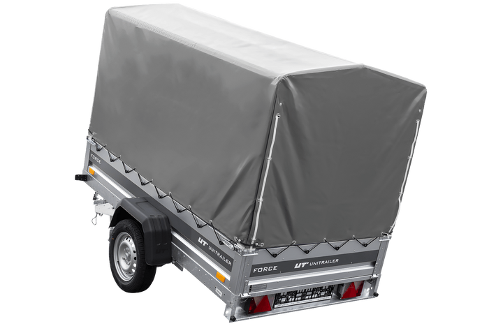 Anhänger mit Blattfedern 230×125 UNITRAILER FORCE 230/R KIPP mit H-1100 Spriegel und grauer Hochplane-Neu