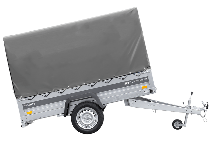 Anhänger mit Blattfedern 230×125 UNITRAILER FORCE 230/R KIPP mit H-1100 Spriegel und grauer Hochplane-Neu