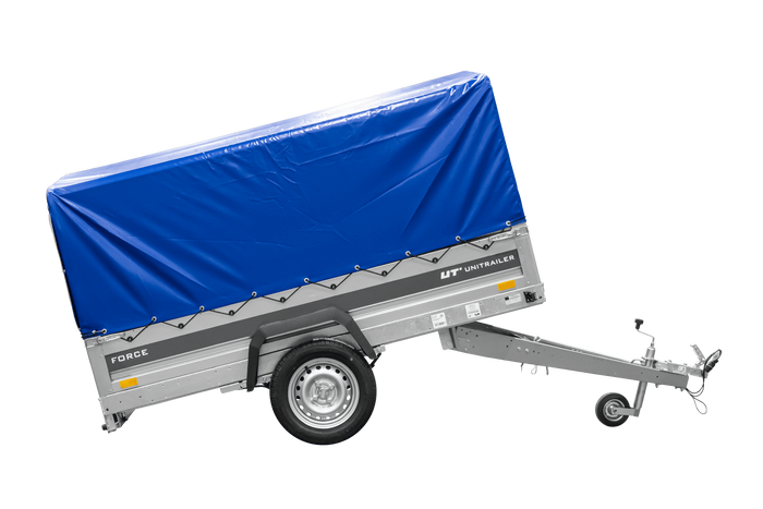 Anhänger mit Blattfedern 230×125 UNITRAILER FORCE 230/R KIPP mit H-800 Spriegel und blauer Hochplane-Neu