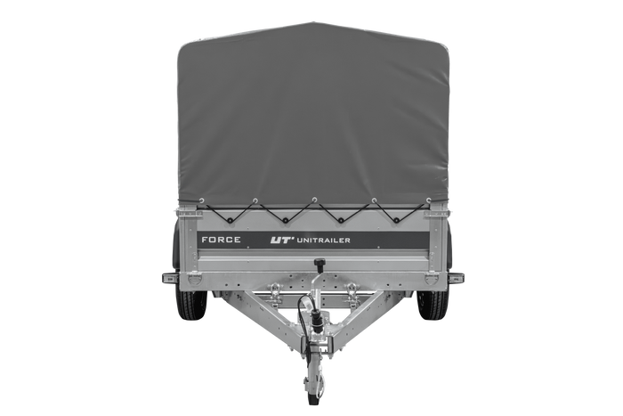 Anhänger mit Blattfedern 230×125 UNITRAILER FORCE 230/R KIPP ungebremst mit H-800 Spriegel und grauer Hochplane-Neu