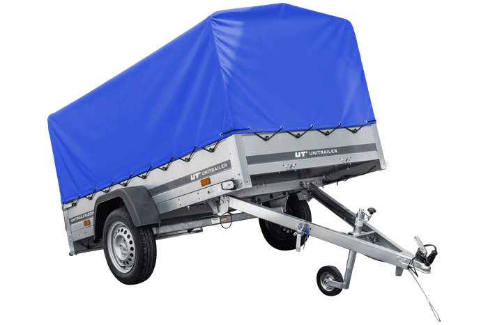 Auto Anhänger 230×125 Garden Trailer 230 KIPP Unitrailer 750 kg mit Stützrad, blauer Hochplane und Hochspriegel-Neu