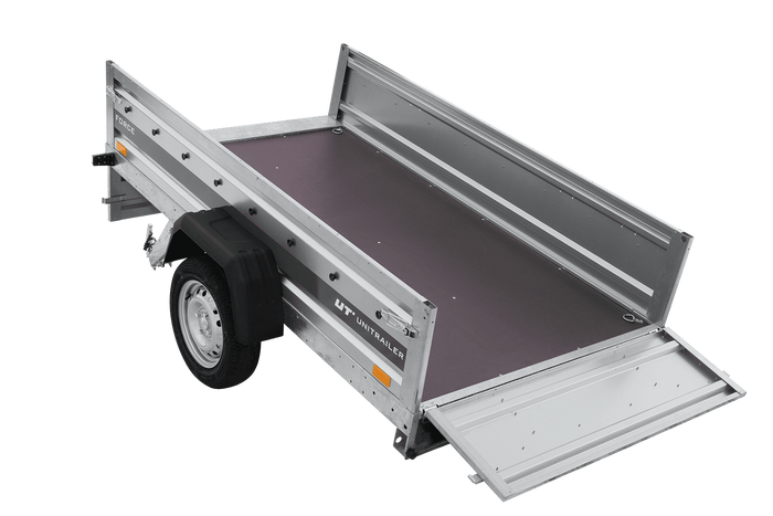 Autotransportanhänger 230×125 UNITRAILER FORCE 230 KIPP mit BIS-Seitenwänden, H-800-Rahmen und blauer Plane-Neu