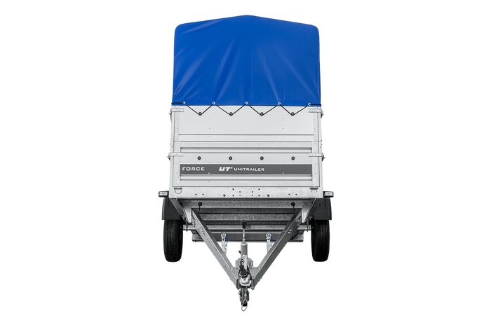 Autotransportanhänger 230×125 UNITRAILER FORCE 230 KIPP mit BIS-Seitenwänden, H-800-Rahmen und blauer Plane-Neu