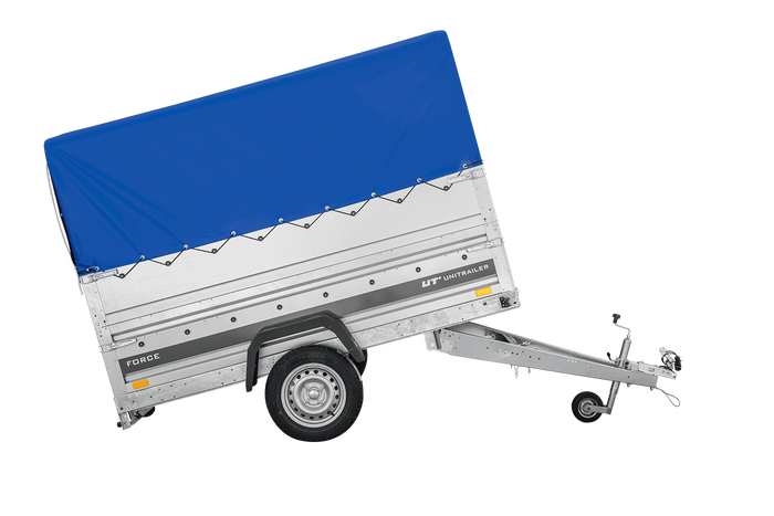 Autotransportanhänger 230×125 UNITRAILER FORCE 230 KIPP mit BIS-Seitenwänden, H-800-Rahmen und blauer Plane-Neu