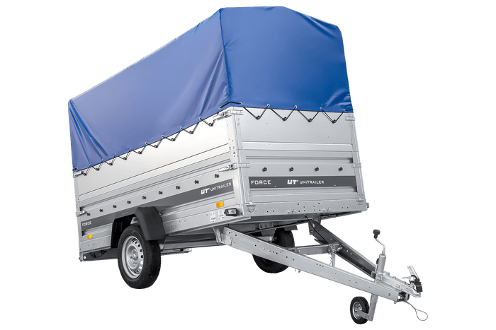 Autotransportanhänger 264×125 UNITRAILER FORCE 264 KIPP mit BIS-Seitenwänden, H-800-Rahmen und blauer Plane-Neu