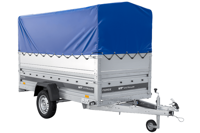 Autotransportanhänger 264×125 UNITRAILER FORCE 264 KIPP mit BIS-Seitenwänden, H-800-Rahmen und blauer Plane-Neu