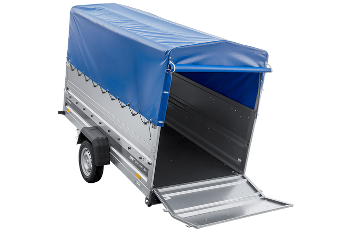 Autotransportanhänger 264×125 UNITRAILER FORCE 264 KIPP mit BIS-Seitenwänden, H-800-Rahmen und blauer Plane-Neu