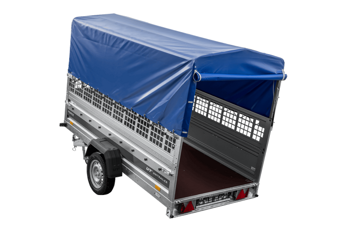 Autotransportanhänger 264×125 UNITRAILER FORCE 264 KIPP mit Gitterwänden, H-800 Rahmen und blauer Plane-Neu