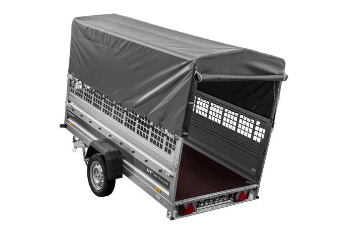 Autotransportanhänger 264×125 UNITRAILER FORCE 264 KIPP mit Gitterwänden, H-800 Rahmen und grauer Plane-Neu