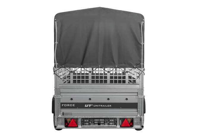 Autotransportanhänger 264×125 UNITRAILER FORCE 264 KIPP mit Gitterwänden, H-800 Rahmen und grauer Plane-Neu