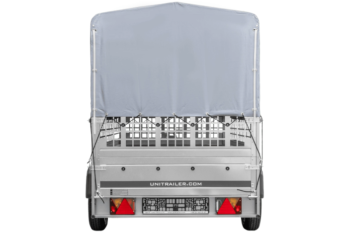 Autotransportanhänger auf Blattfedern 264×125 UNITRAILER GARDEN 264/R KIPP mit Gitterwänden, H-800 Rahmen und grauer Plane-Neu