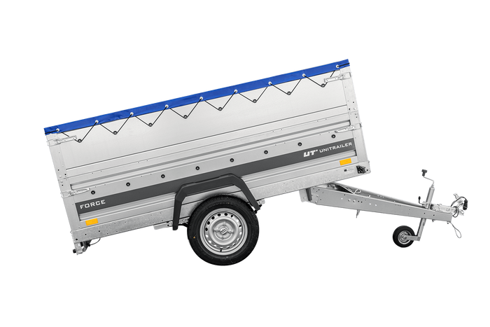 Autotransportanhänger auf Federn 230×125 UNITRAILER FORCE 230/R KIPP mit BIS-Seitenwänden, H-0-Rahmen und blauer Plane-Neu