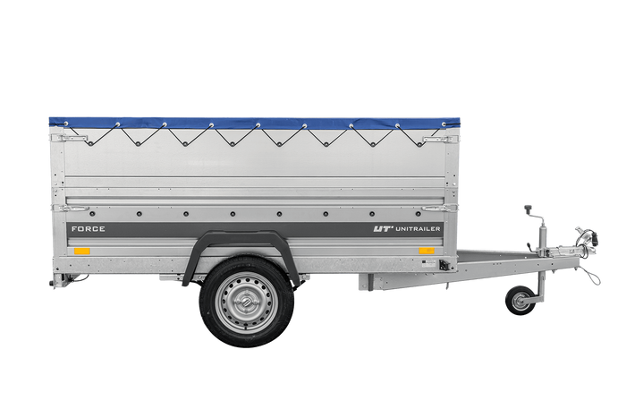 Autotransportanhänger auf Federn 230×125 UNITRAILER FORCE 230/R KIPP mit BIS-Seitenwänden, H-0-Rahmen und blauer Plane-Neu