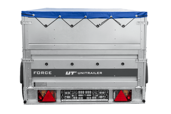 Autotransportanhänger auf Federn 230×125 UNITRAILER FORCE 230/R KIPP mit BIS-Seitenwänden, H-0-Rahmen und blauer Plane-Neu