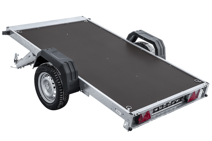 Autotransportanhänger auf Federn 230×125 UNITRAILER FORCE 230/R KIPP mit BIS-Seitenwänden, H-0-Rahmen und grauer Plane-Neu