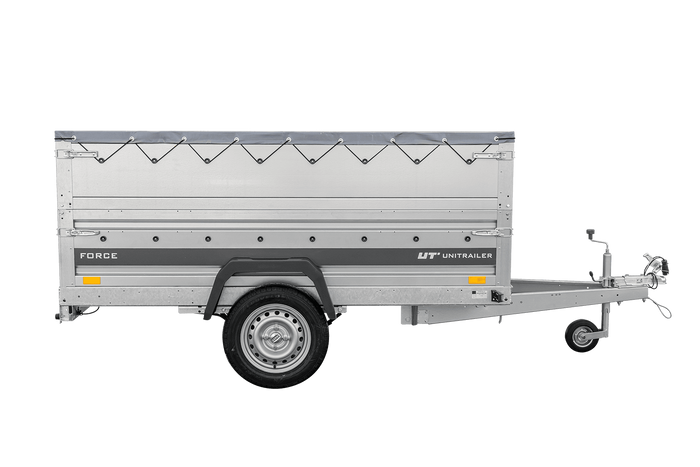 Autotransportanhänger auf Federn 230×125 UNITRAILER FORCE 230/R KIPP mit BIS-Seitenwänden, H-0-Rahmen und grauer Plane-Neu