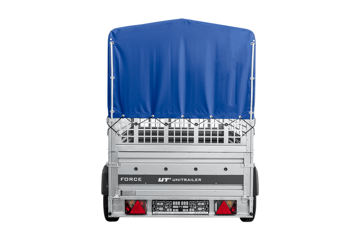 Autotransportanhänger auf Federn 230×125 UNITRAILER FORCE 230/R KIPP mit Gitterwänden, H-800 Rahmen und blauer Plane-Neu