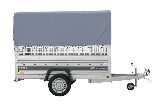 Autotransportanhänger auf Federn 230×125 UNITRAILER FORCE 230/R KIPP mit Gitterwänden, H-800 Rahmen und grauer Plane-Neu