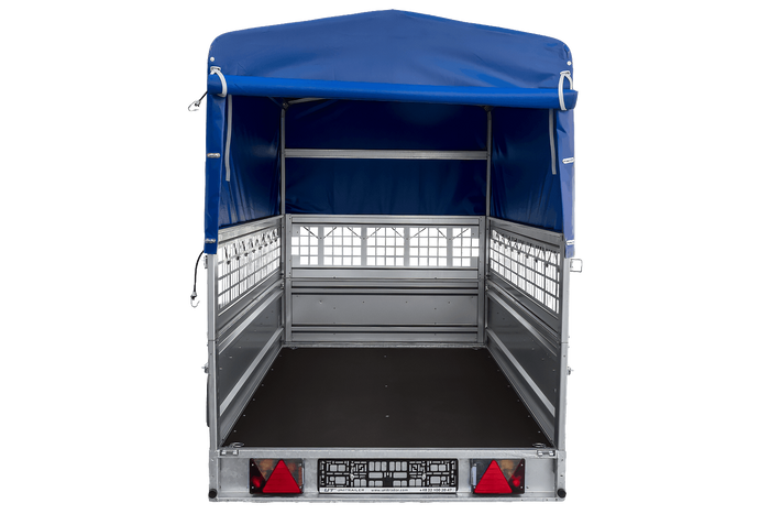 Autotransportanhänger auf Federn 264×125 UNITRAILER FORCE 264/R KIPP mit Gitterwänden, H-800 Rahmen und blauer Plane-Neu