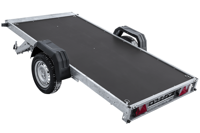 Autotransportanhänger auf Federn 264×125 UNITRAILER FORCE 264/R KIPP mit Gitterwänden, H-800 Rahmen und blauer Plane-Neu