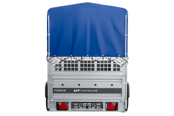 Autotransportanhänger auf Federn 264×125 UNITRAILER FORCE 264/R KIPP mit Gitterwänden, H-800 Rahmen und blauer Plane-Neu