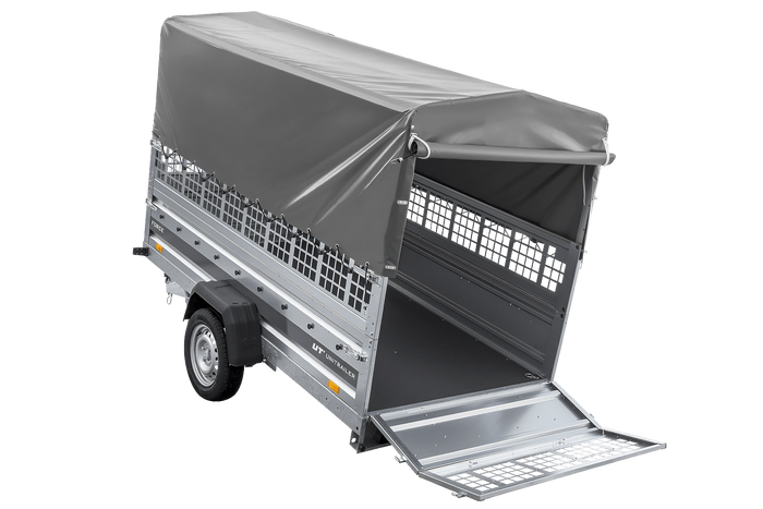 Autotransportanhänger auf Federn 264×125 UNITRAILER FORCE 264/R KIPP mit Gitterwänden, H-800 Rahmen und grauer Plane-Neu