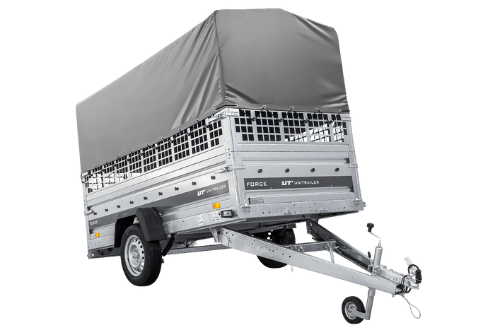 Autotransportanhänger auf Federn 264×125 UNITRAILER FORCE 264/R KIPP mit Gitterwänden, H-800 Rahmen und grauer Plane-Neu