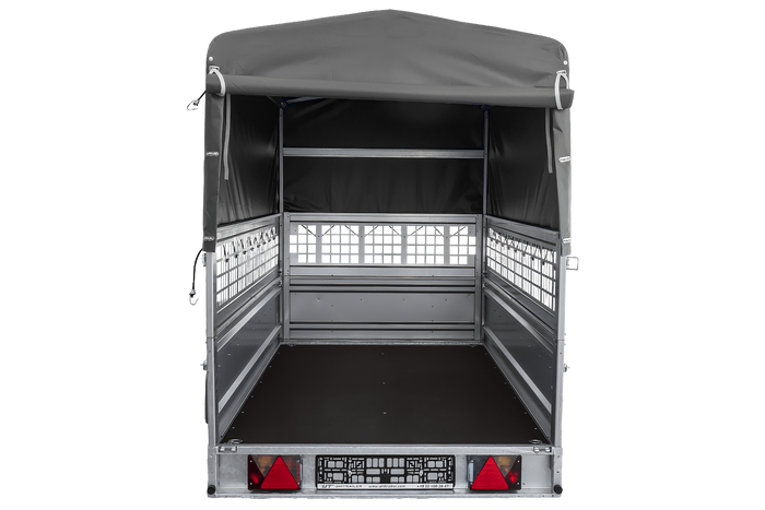 Autotransportanhänger auf Federn 264×125 UNITRAILER FORCE 264/R KIPP mit Gitterwänden, H-800 Rahmen und grauer Plane-Neu
