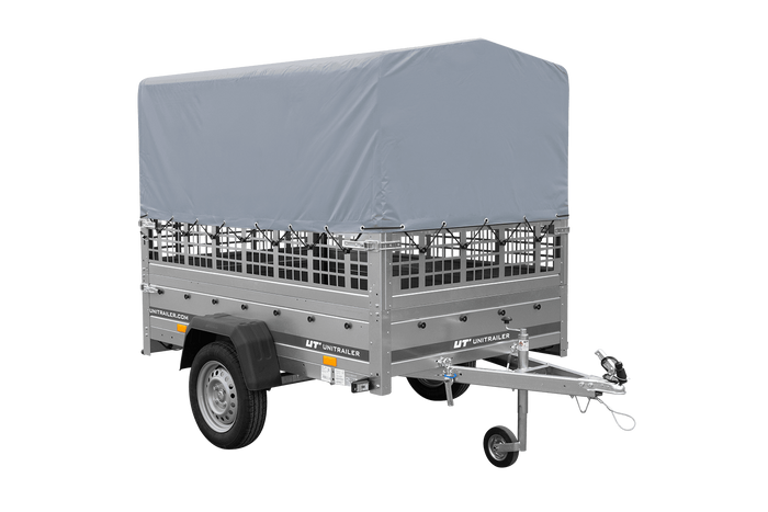 Einachsanhänger 200×125 UNITRAILER GARDEN 201 KIPP mit Gitterseitenwänden, H-800 Rahmen und grauer Plane-Neu
