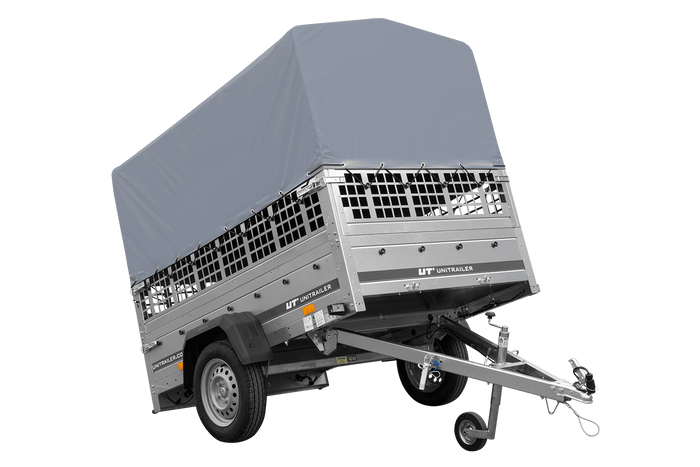 Einachsanhänger 200×125 UNITRAILER GARDEN 201 KIPP mit Gitterseitenwänden, H-800 Rahmen und grauer Plane-Neu
