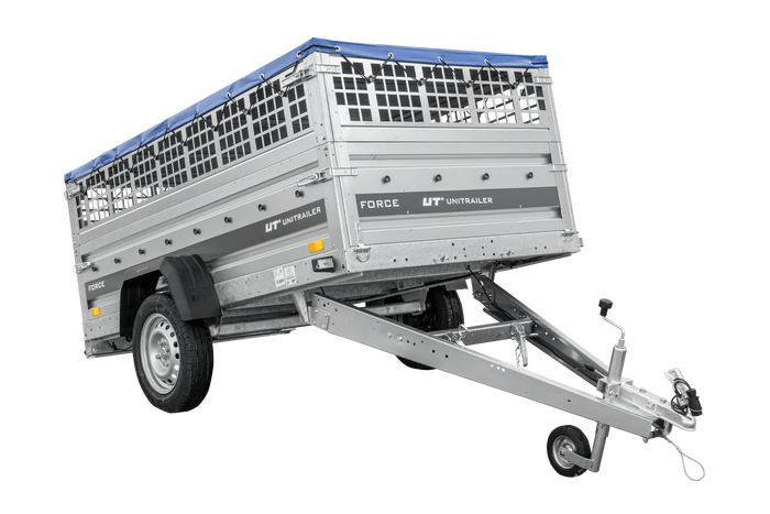 Einachsanhänger 230×125 UNITRAILER FORCE 230 KIPP mit Gitterseitenwänden, H-0-Rahmen und blauer Plane-Neu