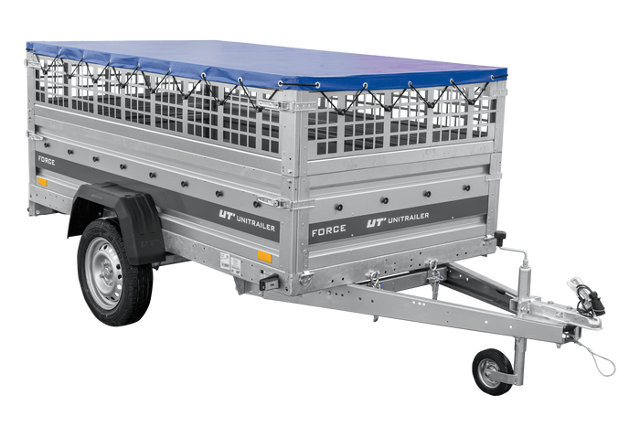 Einachsanhänger 230×125 UNITRAILER FORCE 230 KIPP mit Gitterseitenwänden, H-0-Rahmen und blauer Plane-Neu