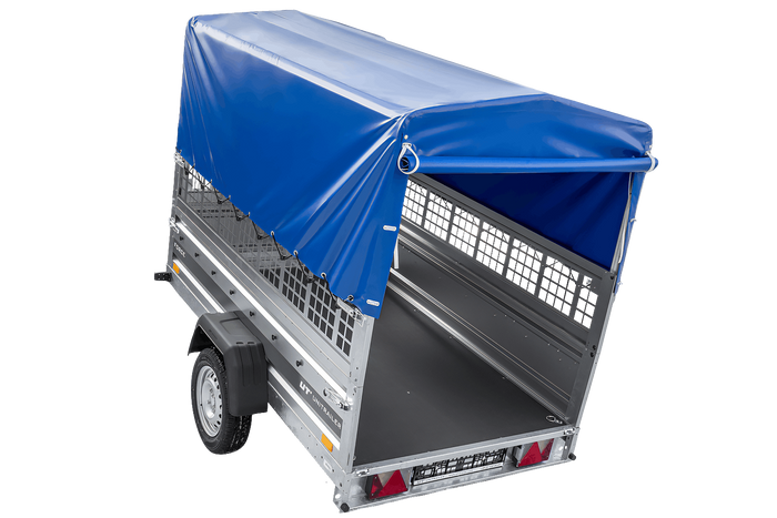 Einachsanhänger 230×125 UNITRAILER FORCE 230 KIPP mit Gitterseitenwänden, H-0-Rahmen und blauer Plane-Neu