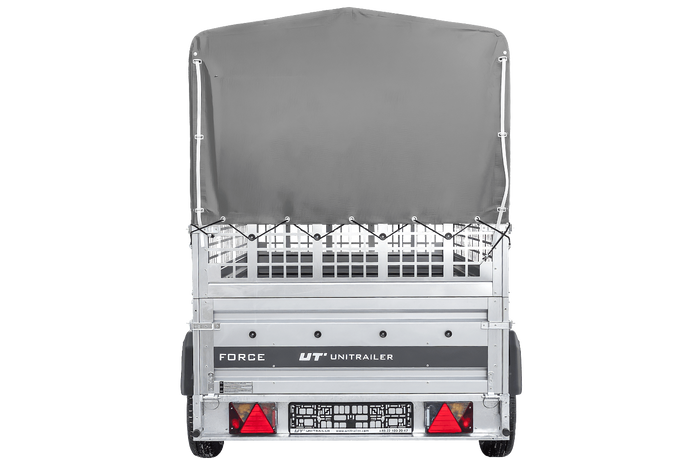 Einachsanhänger 230×125 UNITRAILER FORCE 230 KIPP mit Gitterseitenwänden, H-800 Rahmen und grauer Plane-Neu