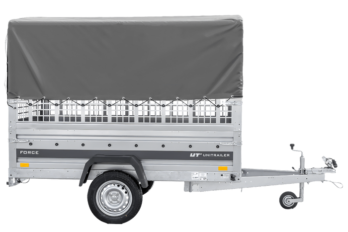 Einachsanhänger 230×125 UNITRAILER FORCE 230 KIPP mit Gitterseitenwänden, H-800 Rahmen und grauer Plane-Neu
