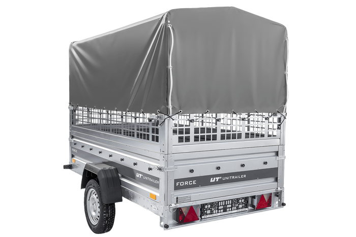 Einachsanhänger 230×125 UNITRAILER FORCE 230 KIPP mit Gitterseitenwänden, H-800 Rahmen und grauer Plane-Neu