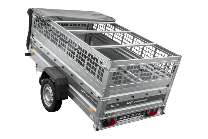 Einachsanhänger 230×125 UNITRAILER FORCE 230 KIPP mit Gitterwänden, H-0-Rahmen und grauer Plane-Neu