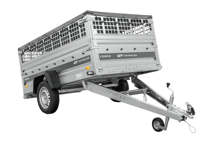 Einachsanhänger 230×125 UNITRAILER FORCE 230 KIPP mit Gitterwänden, H-0-Rahmen und grauer Plane-Neu