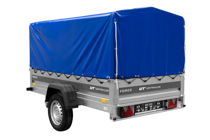 Einachsanhänger 230×125 UNITRAILER FORCE 230 KIPP mit H-800 Spriegel und blauer Plane-Neu