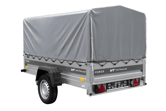 Einachsanhänger 230×125 UNITRAILER FORCE 230 KIPP mit H-800 Spriegel und grauer Hochplane-Neu